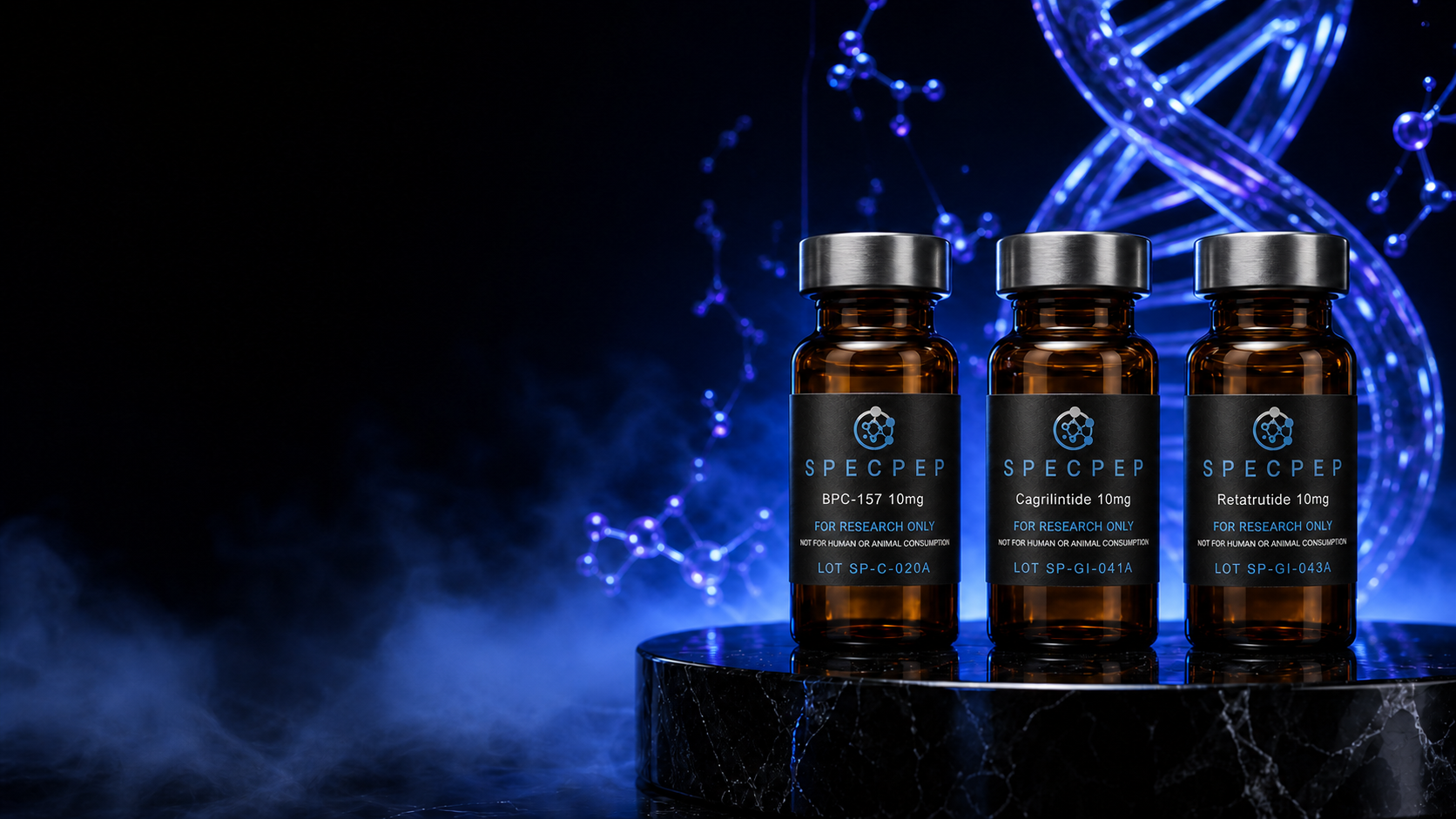 SpecPep research material vials on an obsidian platform